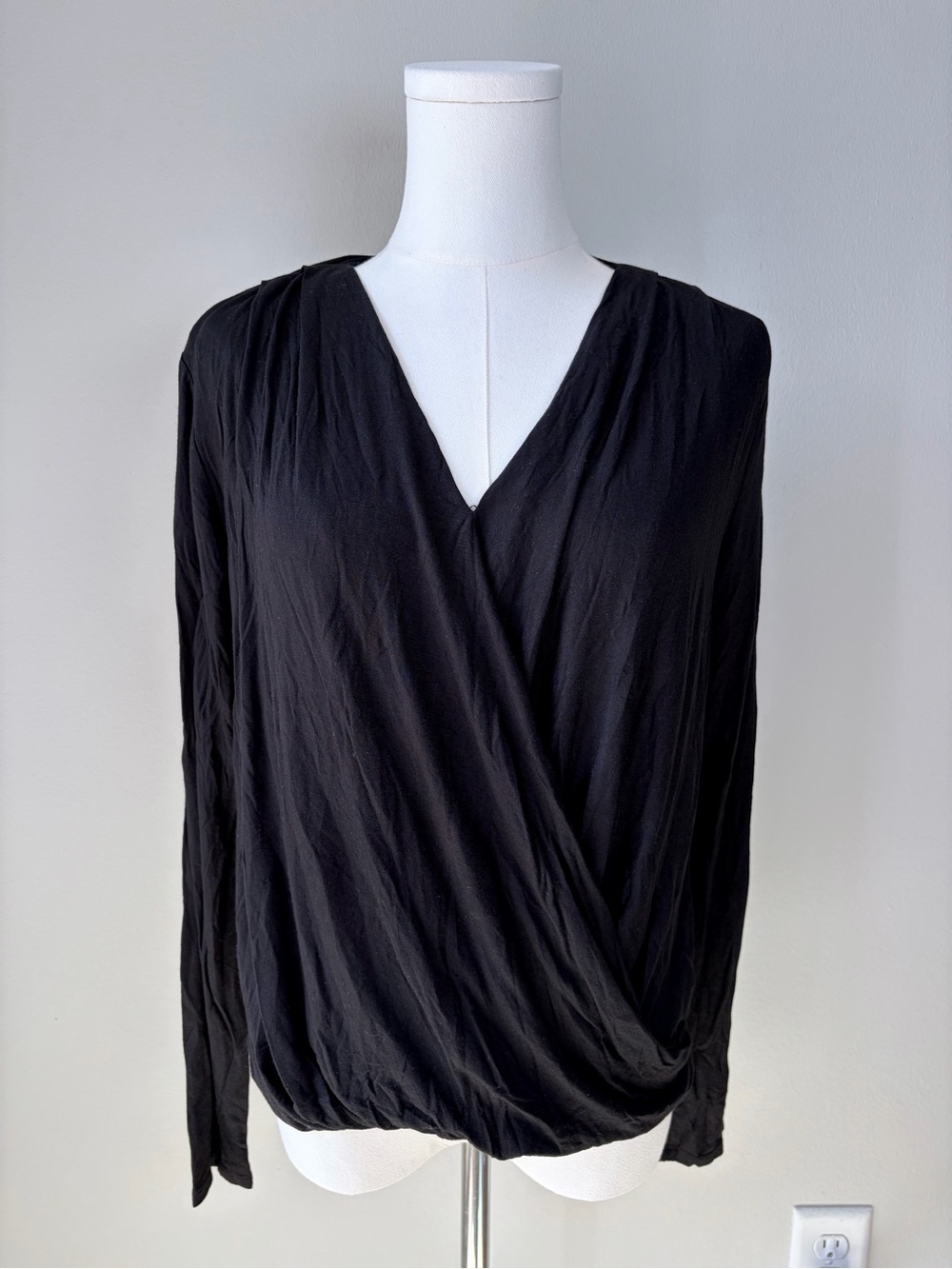 On The Road Anthropologie Black Surplice Faux Wrap V-Neck Soft Blouse Top